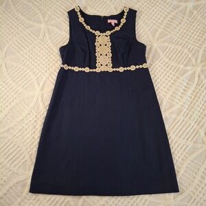 Lilly Pulitzer Size 8 Navy Blue Gold Embellished Sleeveless A-Line Dress